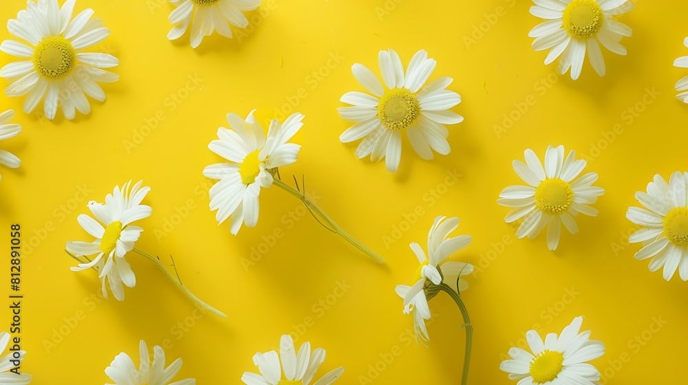 Poster flowers composition chamomile flowers on yellow background spring summer concept flat lay top view c