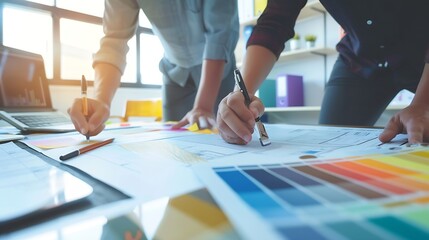 Close up view of Interior designers teamwork with pantone swatch and house building plans on office desk architects working with blue color palette to choose best paint for home refurb : Generative AI