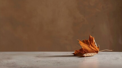 Abstract background with a dry autumn leaf on a gray tabletop near a brown wall : Generative AI