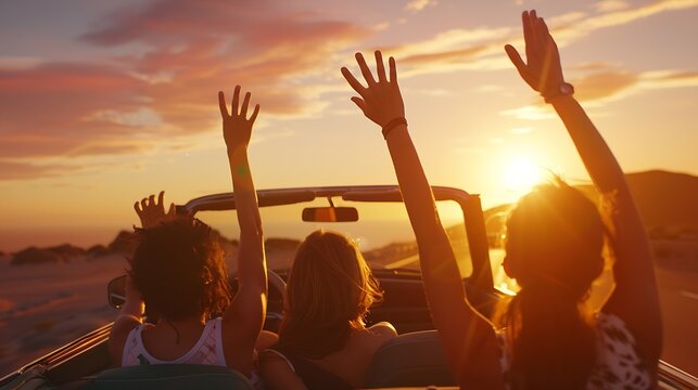 Group of happy young friends in cabriolet with raised hands driving on sunset : Generative AI