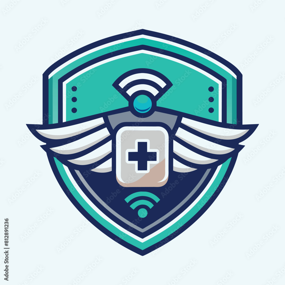 Poster a shield featuring wings and a cross design, creating a powerful emblem for remote patient monitorin