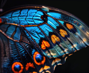 a close up of a butterfly wing with blue and orange colors on its wings and a black background