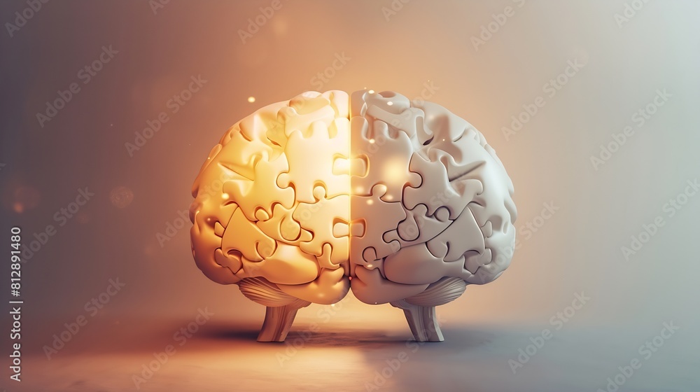 Poster right and left sides of the brain concept puzzle pieces in the shape of a brain : generative ai
