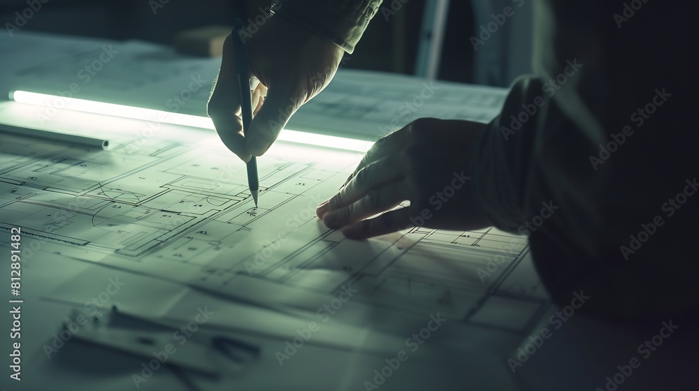 Poster Architect Engineer Design Working on Blueprint Planning Concept Construction Concept : Generative AI