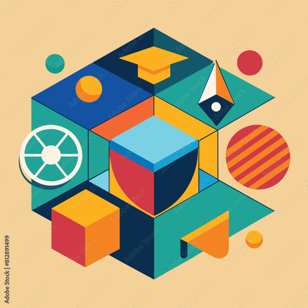 Poster a poster featuring a minimalist geometric design with various shapes and colors arranged in a patter