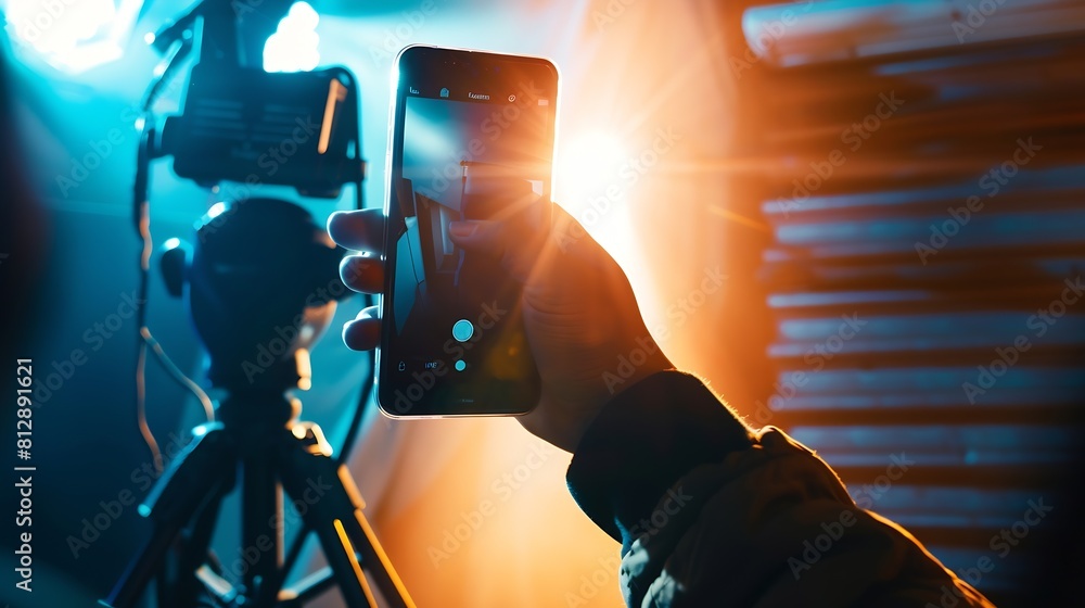 Poster Man touching smartphone to watching and live streaming window for Video streaming on internet and multimedia technology concept : Generative AI