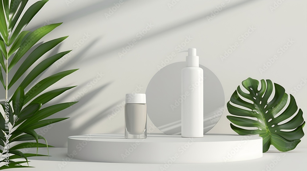 Aufkleber Minimal modern product display on light gray background copy space Concrete podium and green leaves Concept scene stage showcase for cosmetic products skin care product presentation : Generative AI
