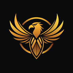 Obraz premium A minimalist golden eagle logo stands out against a sleek black background, golden eagle logo, minimalist logo
