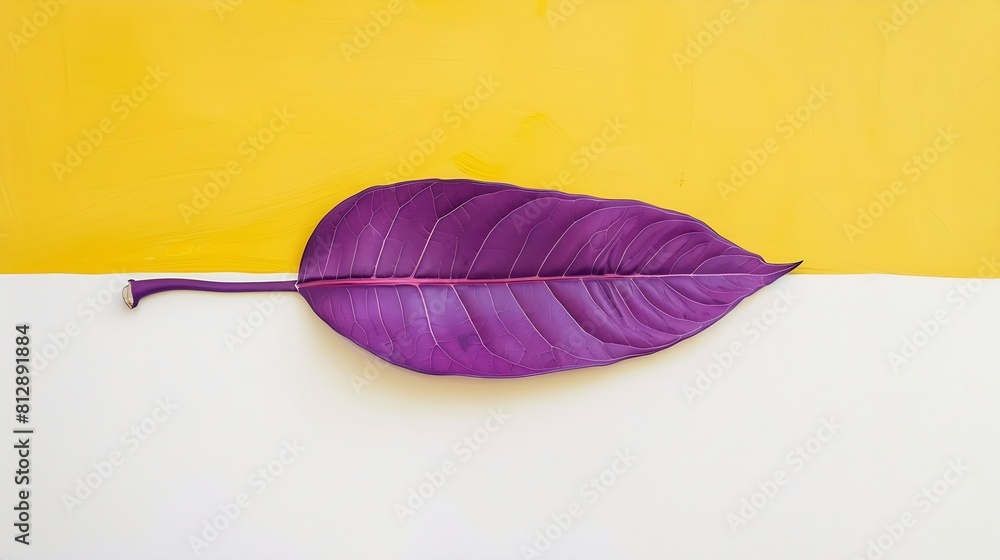 Poster purple painted tropical leaf on white and yellow background minimal summer exotic concept with copy 