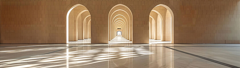 simplicity in the architecture of an arabian mosque with natural light reflection on the shiny floor