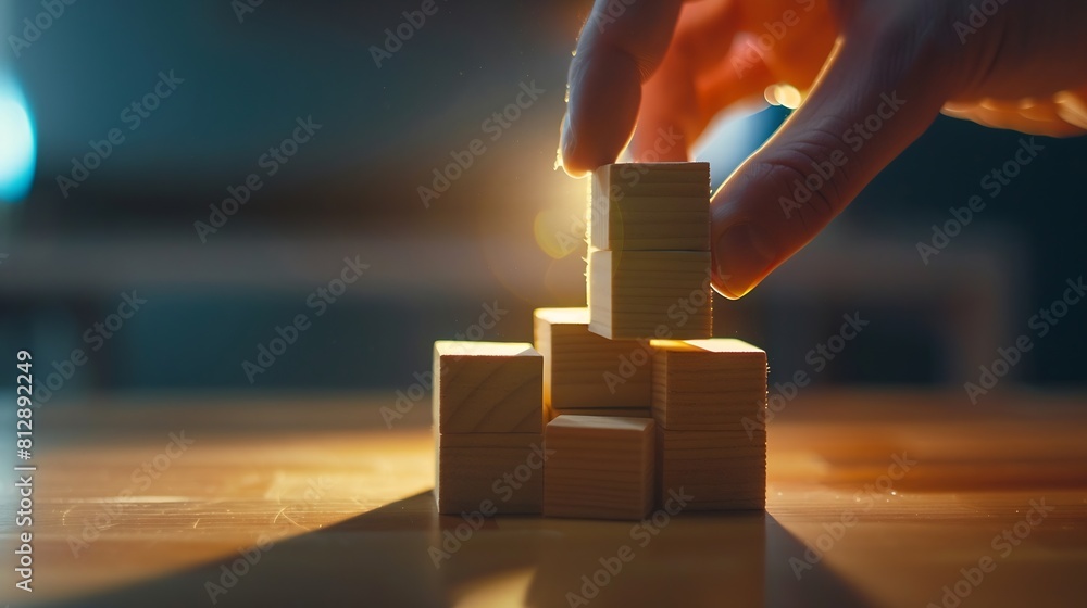 Poster Hand putting and array wooden cube stacking for job and technology progress update concept : Generative AI
