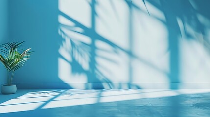 Abstract blue color gradient studio background for product presentation Empty room with shadows of window and flowers and palm leaves  3d room with copy space Summer concert Blurred ba : Generative AI