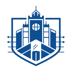 Fototapeta premium A logo of a church in blue and white colors, featuring architectural design elements, Incorporate a blueprint or building plan into a minimalist logo