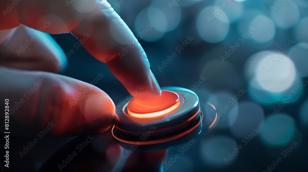 Aufkleber Selective focus at finger that push on press play button for start online entertainment for on demand video streaming service that online over internet which include movie or music : Generative AI
