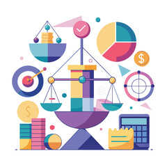 A balance scale surrounded by various items, showcasing a comparison and measurement process, Incorporate geometric shapes to represent the balance and accuracy of accounting practices