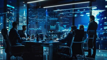 Dynamic business meeting unfolds in modern office setting. Executives engage in teamwork analyzing financial charts and graphs. professional reflecting of technology planning and investment strategies
