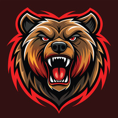 Fototapeta premium A bears head with fierce red eyes and sharp fangs, Intense Angry Bear Head Logo, Striking Illustration