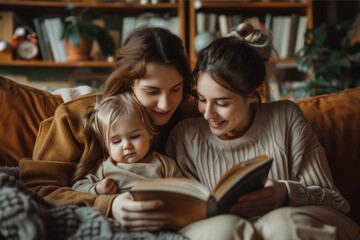 Obraz premium Lesbian couple with child reading a book in a cozy living room, intimate family moment. AI generated.
