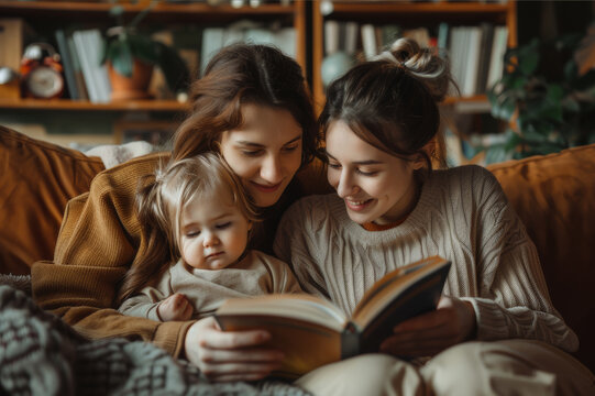 Lesbian couple with child reading a book in a cozy living room, intimate family moment. AI generated.