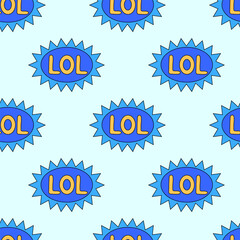 Seamless Pattern with trendy retro sticker cartoon shape. Funny quote sign patch blue LOL. Flat Vector Design.