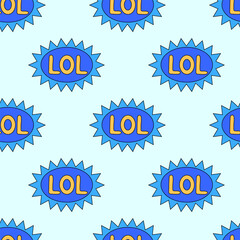 Seamless Pattern with trendy retro sticker cartoon shape. Funny quote sign patch blue LOL. Flat Vector Design.