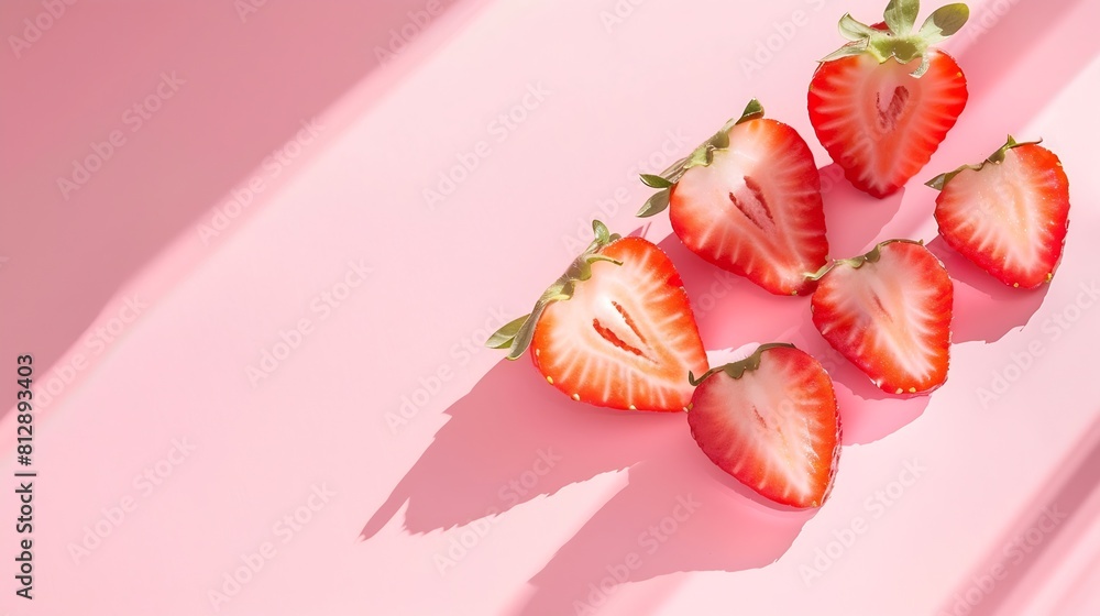 Poster creative layout made of sliced strawberry against pastel pink background copy space creative summer 