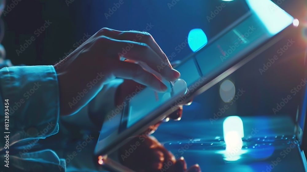Poster Tablet office research and happy man typing UX web design app wireframe development or monitor online software SEO algorithm web traffic statistics and person work on webdesign for web : Generative AI