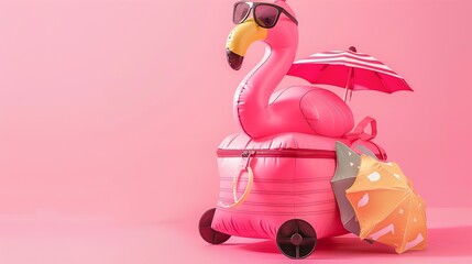 Funny inflatable flamingo and beach accessories in a bag with wheels going to the beach summer vacations concept : Generative AI