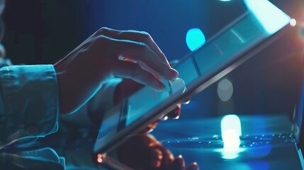 Tablet office research and happy man typing UX web design app wireframe development or monitor online software SEO algorithm web traffic statistics and person work on webdesign for web : Generative AI