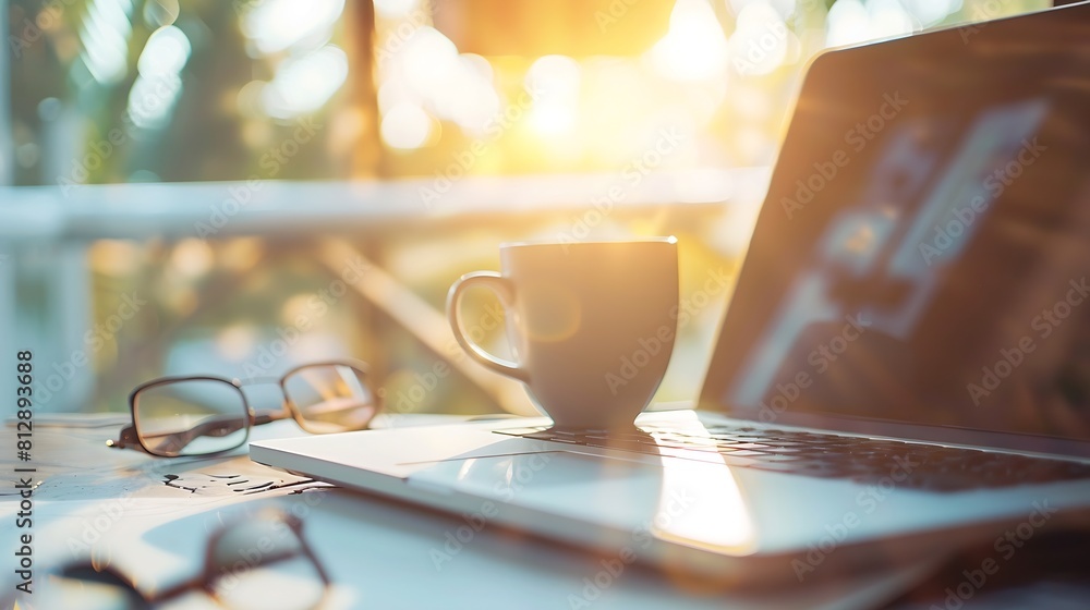 Aufkleber soft focus of Office desk table with keyboard of laptop computer coffee cup and notebook glasses Business and finance concept Workplace with morning sunlight from window with copy spac : Generative AI