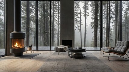 Modern living room design with fire place and winter mirror view