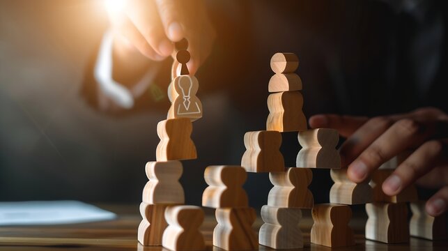 Organizational chart with human resource managers hand placing wooden piece concept about career the ladder of success hiring higher job or position HR organigram professionnal organiz : Generative AI