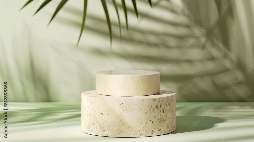 Aufkleber travertine stone display flat lay podium ongreen background and palm shadow product promotion beauty