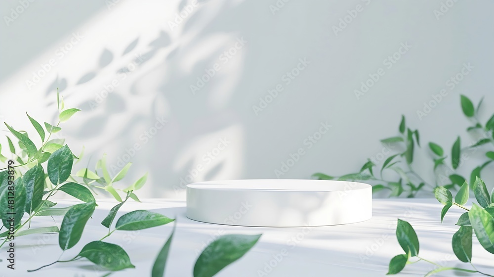 Poster empty white podium and green leaves on light grey background top view pedestal and fresh natural bra