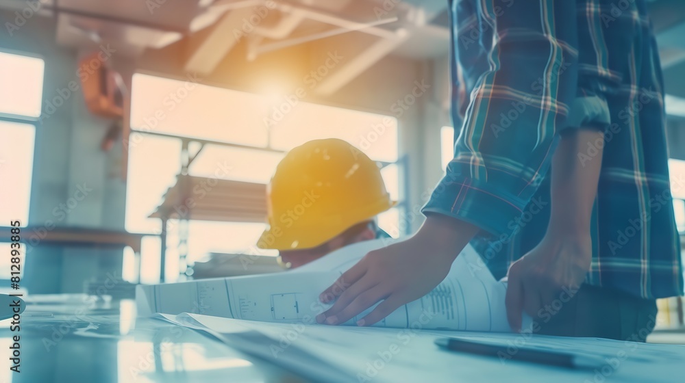 Poster Architect or engineer working on building blueprint contractor designing and drawing blueprint layout with tool for construction project Civil engineer and architecture design concept  : Generative AI
