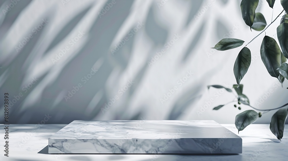 Poster Abstract empty marble board with shadows leaves on a gray background Layout concept for promotional product presentation sale or cosmetics display Front view and copy space : Generative AI