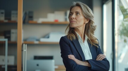 Happy proud prosperous mid aged mature professional business woman ceo executive wearing suit standing in office arms crossed looking away thinking of success, leadership, side profile view - Powered by Adobe