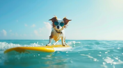 dog surfing on a surfboard wearing sunglasses  at the ocean shore : Generative AI
