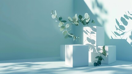 Abstract empty white cubes podiums with eucalyptus leaves and shadows on blue background Mock up stand for product presentation 3D Render Minimal concept Advertising template copy spac : Generative AI