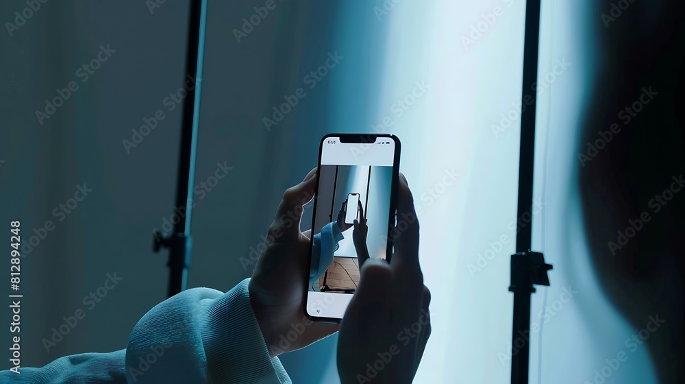 Poster Mockup for social media user page with photo feed on mobile phone : Generative AI