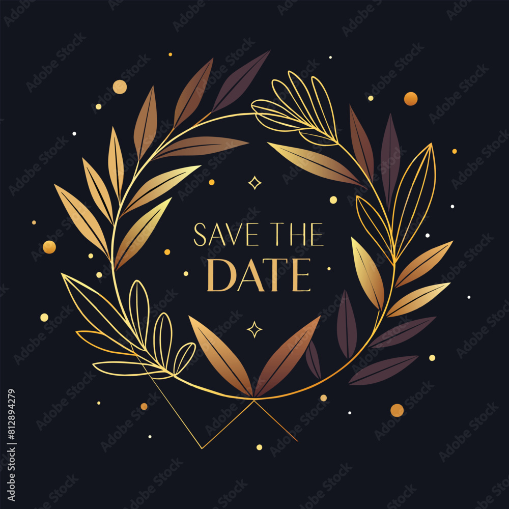 Poster a minimalist save the date card featuring a delicate gold wreath design for a sophisticated touch, m