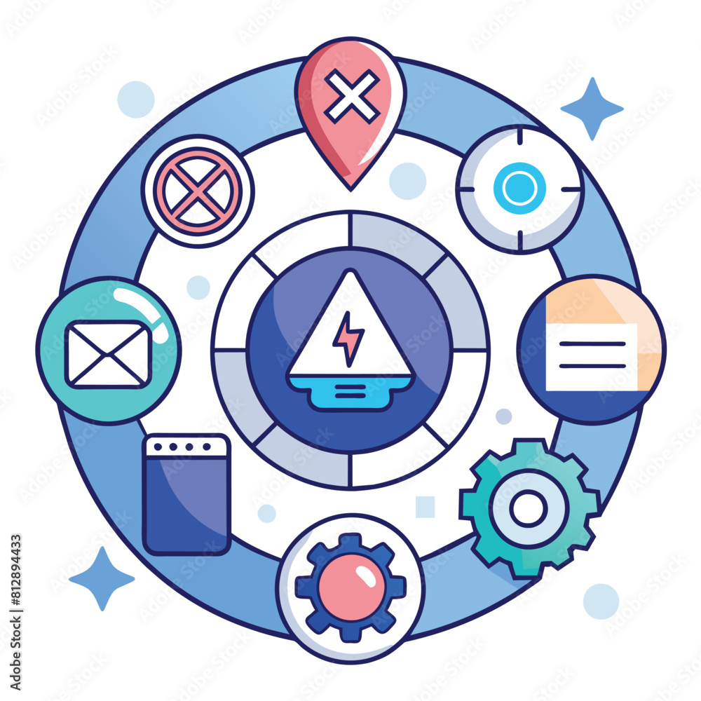 Poster a minimalistic logo featuring a circle with various icons representing user experience design, minim