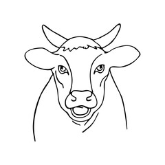 Vector linear portrait of a cow on a white background. The cow's head is drawn in a cartoon style.