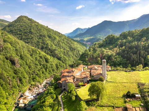  Aerial view of Cornello dei Tasso, ancient village in Brembana valley, Bergamo province, Lombardy, Italy