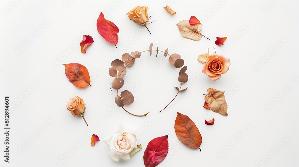 Poster autumn composition wreath made of eucalyptus branches rose flowers dried leaves on white background 