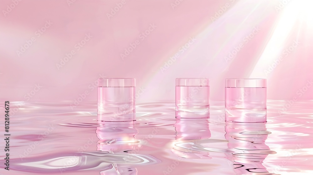 Aufkleber abstract surreal scene empty stage with three clear glass cylinder podiums on pastel pink holographi