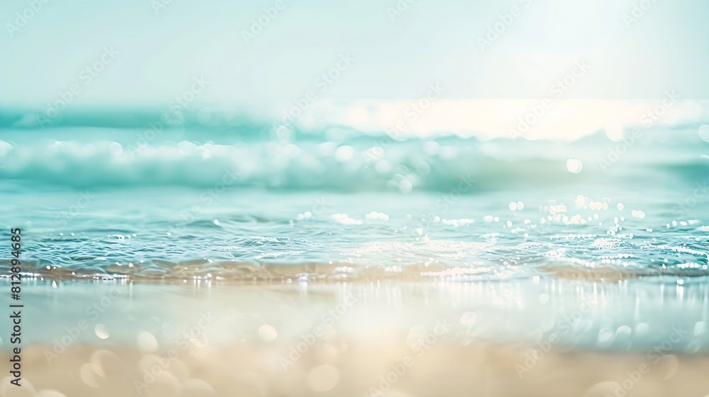 Poster An abstract seascape beach background with a soft blur of bokeh light illuminating the calm sea and sky while the focus lies on the sandy foreground : Generative AI