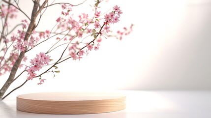 Geometric empty podium wooden platform stand for product presentation and spring flowering tree branch with pink flowers on white background : Generative AI