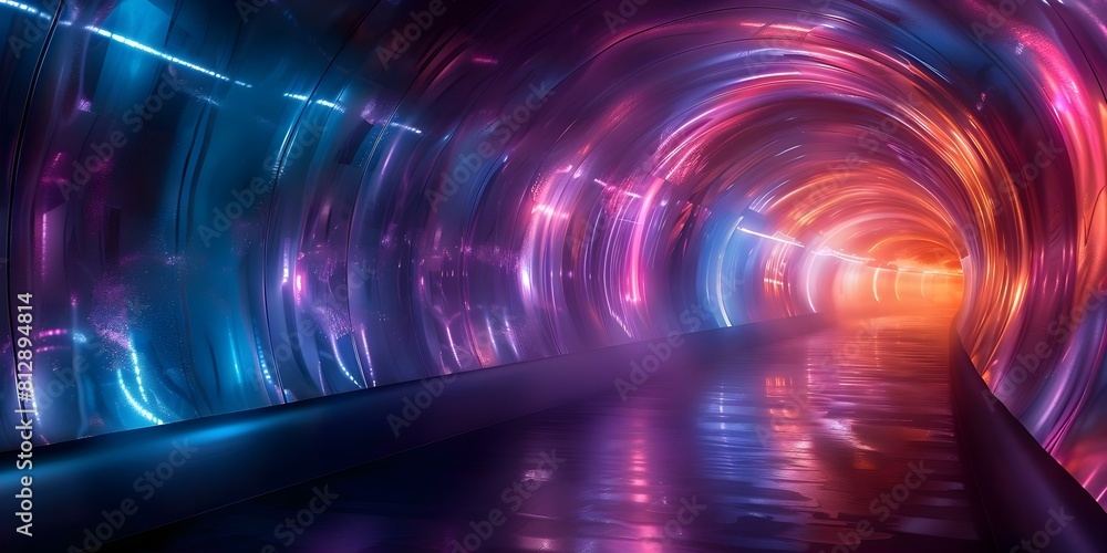 Aufkleber exploring a neon cyberpunk tunnel with metallic textures in virtual reality. concept virtual reality