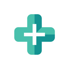 Fototapeta premium Green plus sign featuring a white cross in the center, Negative space used creatively to depict a medical cross in a minimalist logo